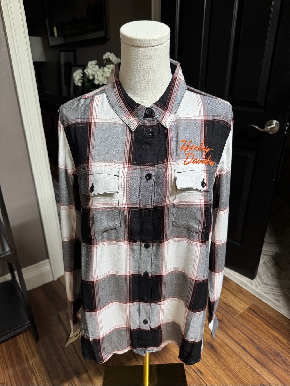 {Harley Davidson} White Black Plaid Back Logo Button Down Shirt WSH33